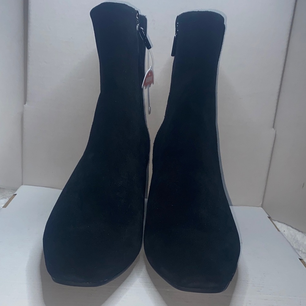 SHAN Black Suede Square-Toe Ankle Booties with Side Zippers